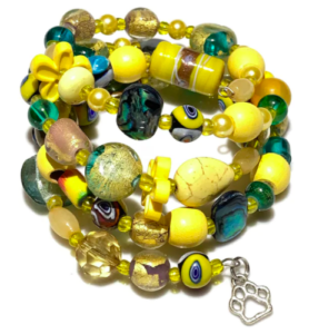 yellow, green, and tan coiled beaded bracelet